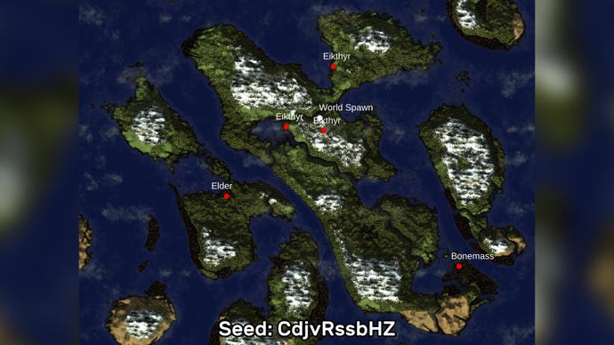 A screenshot of one of the best Valheim seeds we've found, using the Valheim World Generator tool. Seed: CdjvRssbHZ